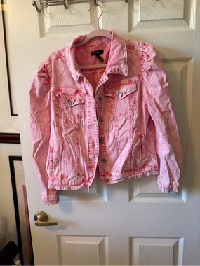 Aqua Pink Denim Jacket with Puff Shoulder Detail